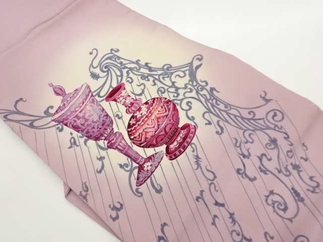 塩瀬抽象花唐草に花器模様手描き名古屋帯